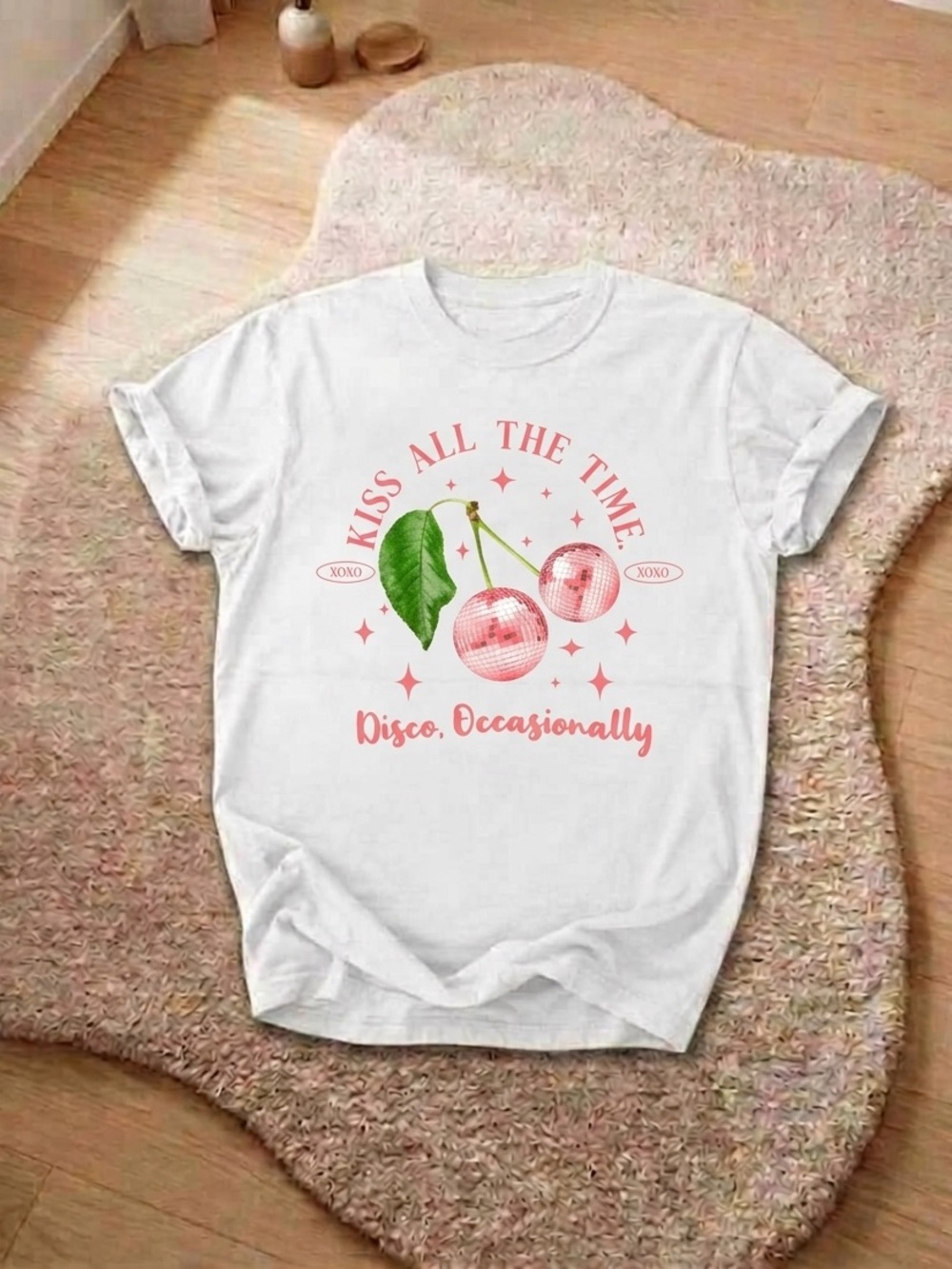 Kiss All The Time Pink Cherry Shirt, Disco Graphic Tee - White Unisex